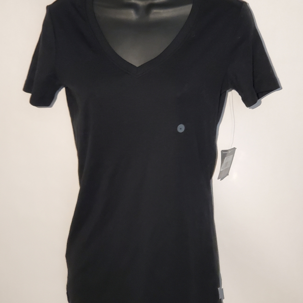 NWT Eddie Bauer Black Small Favorite Ribbed V Neck Short Sleeve T Shirt